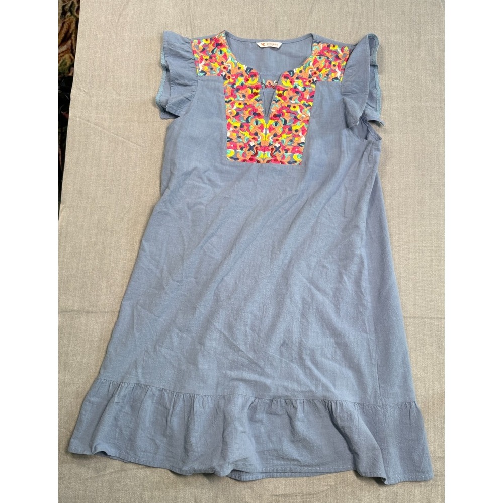 Kirundo Womens Large Blue Embroidered Boho Shift Dress Flutter Sleeve